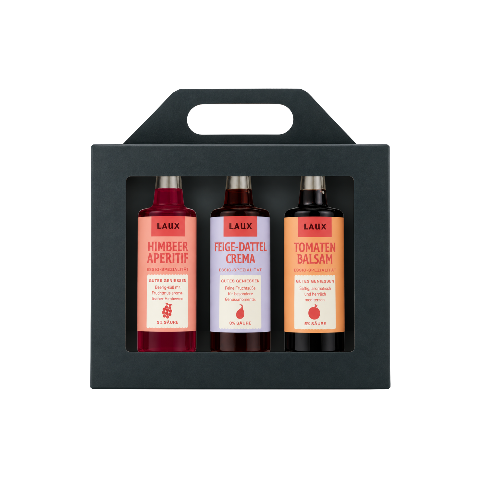 3er Essig-Spezialitäten Geschenkset – Himbeer Aperitif, Feige-Dattel Crema & Tomaten Balsam