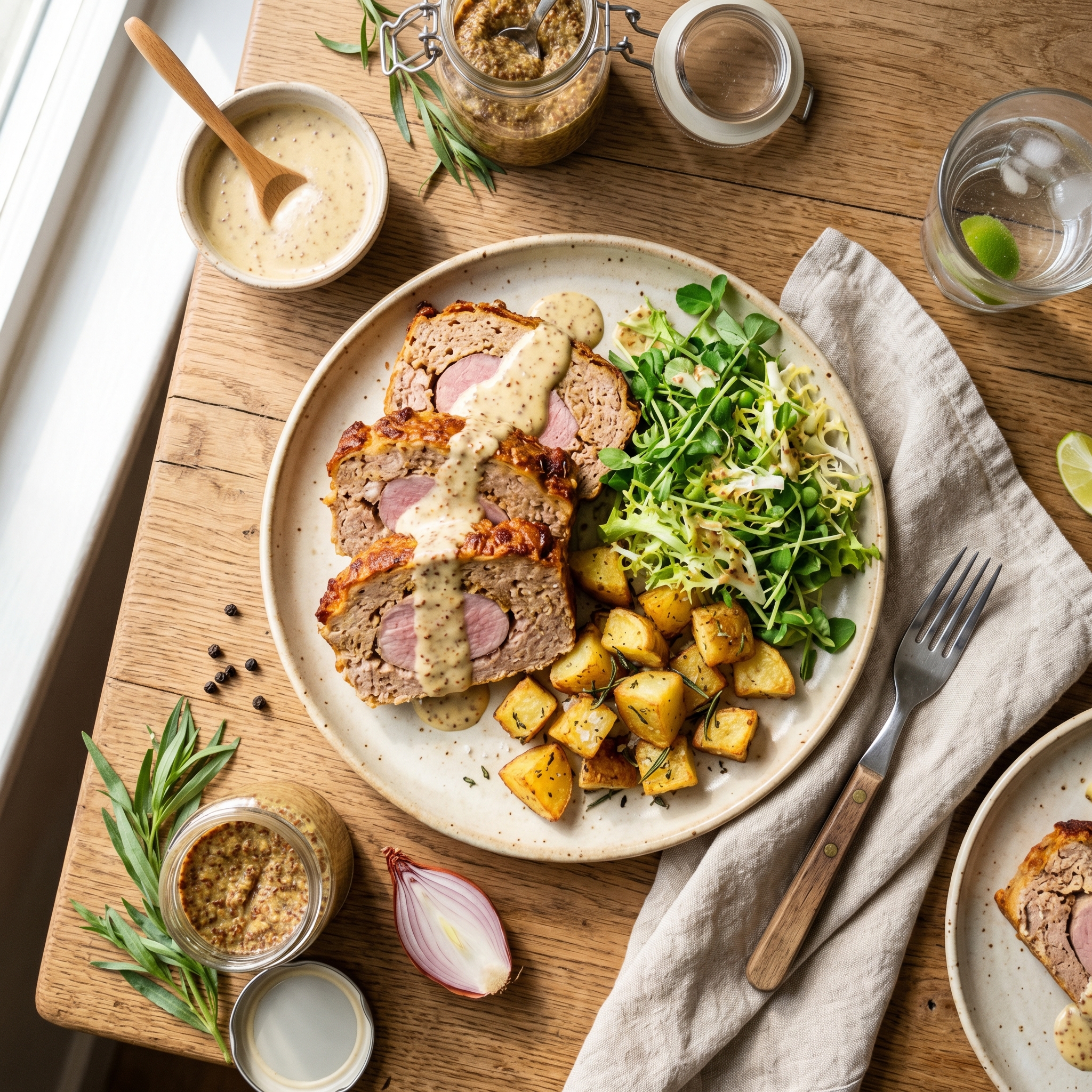 Hackbraten mit Filetstreifen und Senfsauce