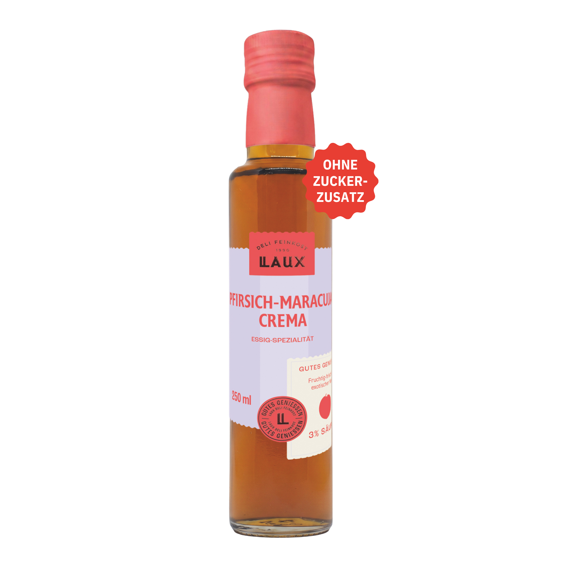Pfirsich-Maracuja Crema - ohne Zuckerzusatz - 250 ml Flasche - 3 % Säure