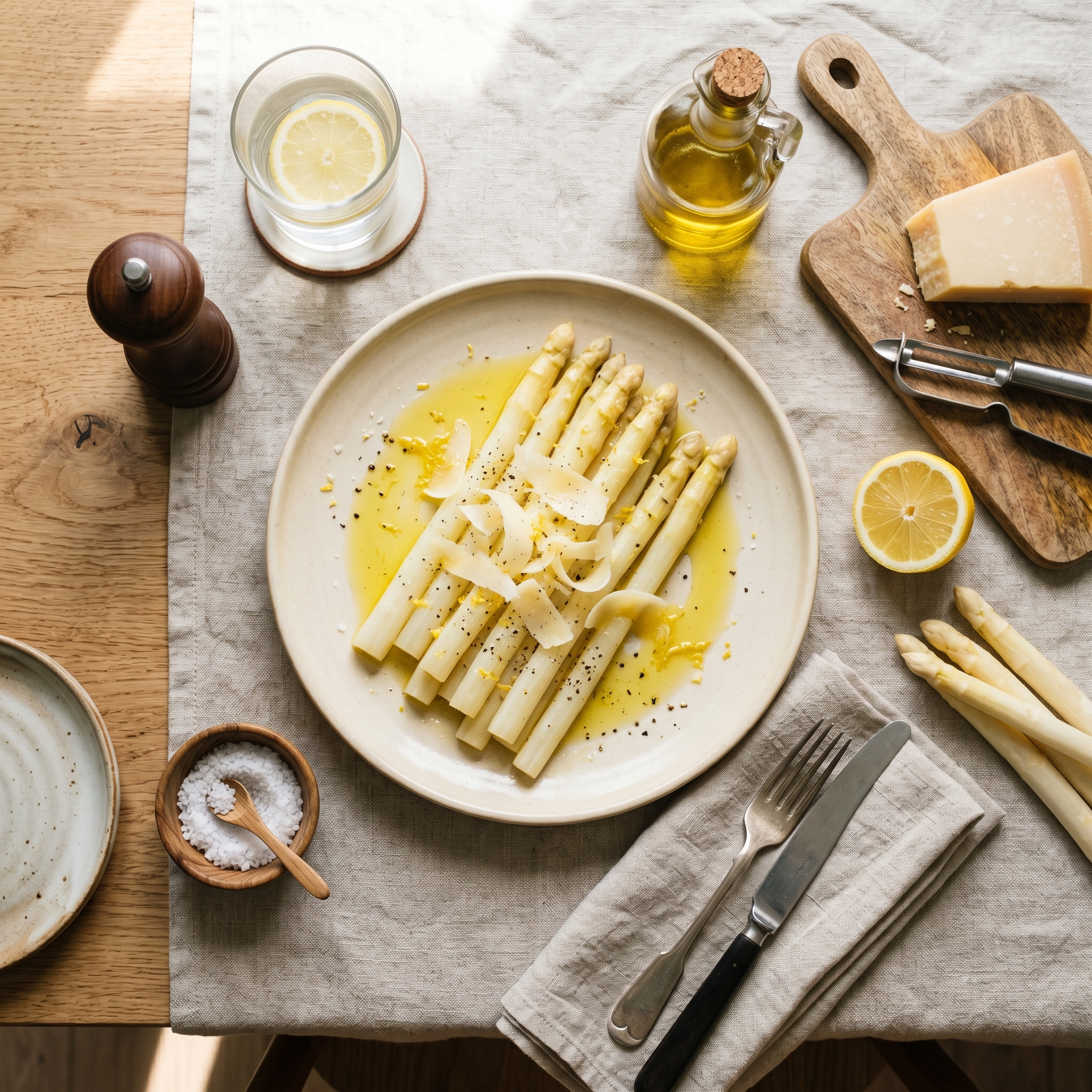 Weißer Spargel mit Zitronen-Olivenöl und Parmesan