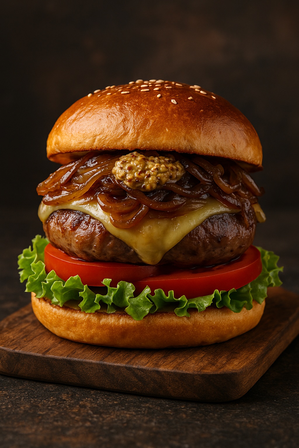 Burger mit Bratwurst-Senf & karamellisierten Zwiebeln